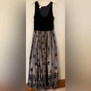 Patra Evening formal gown, brocaded skirt with black velvet stretch top, maxi